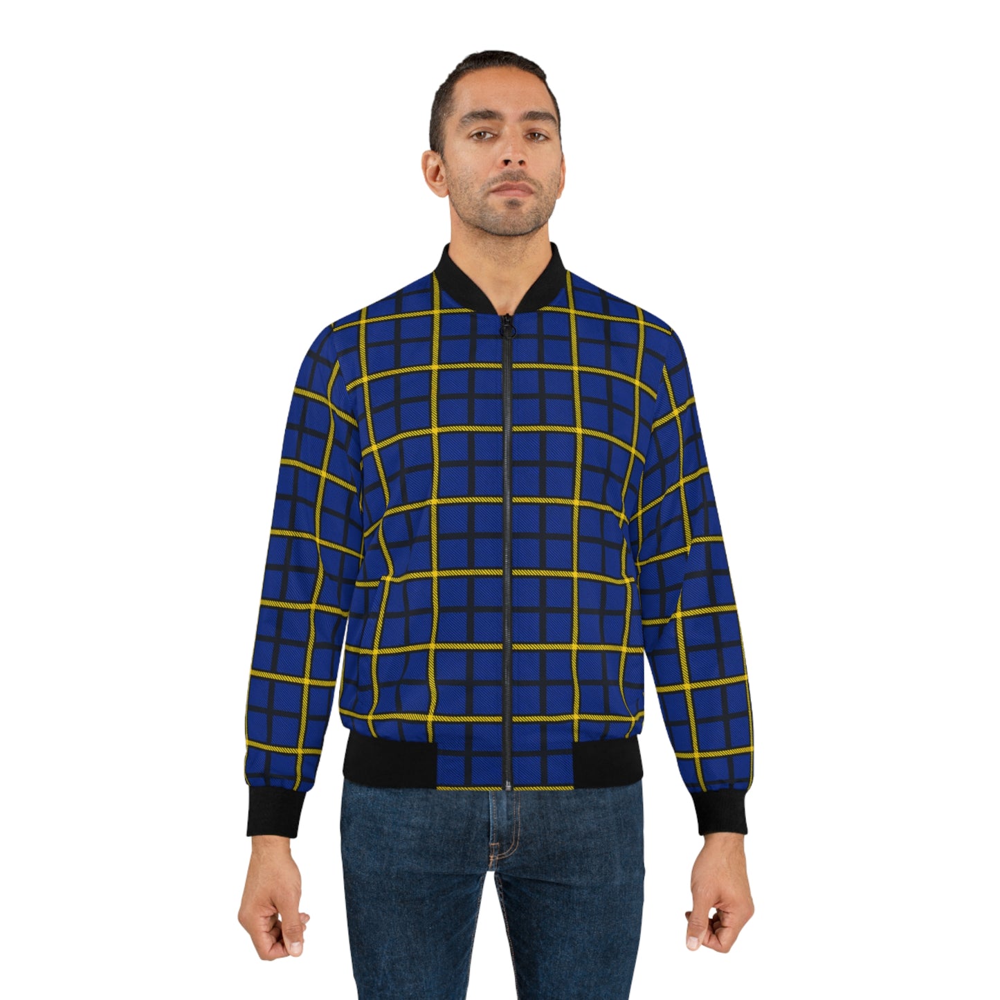 Pittsburgh Tartan Plaid Panthers Stylish Men's Bomber Jacket with Bold Blue and Yellow Grid Pattern