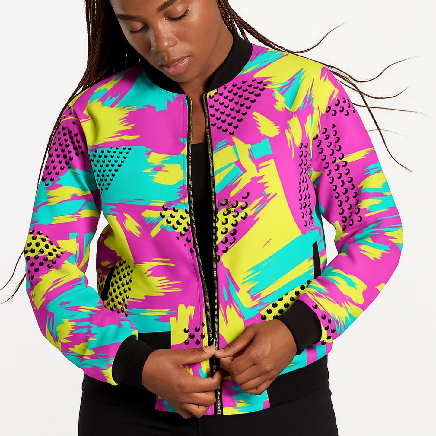 Graffiti Explosion colorful-seamless-pattern yellow pink green Fleece Bomber Jacket
