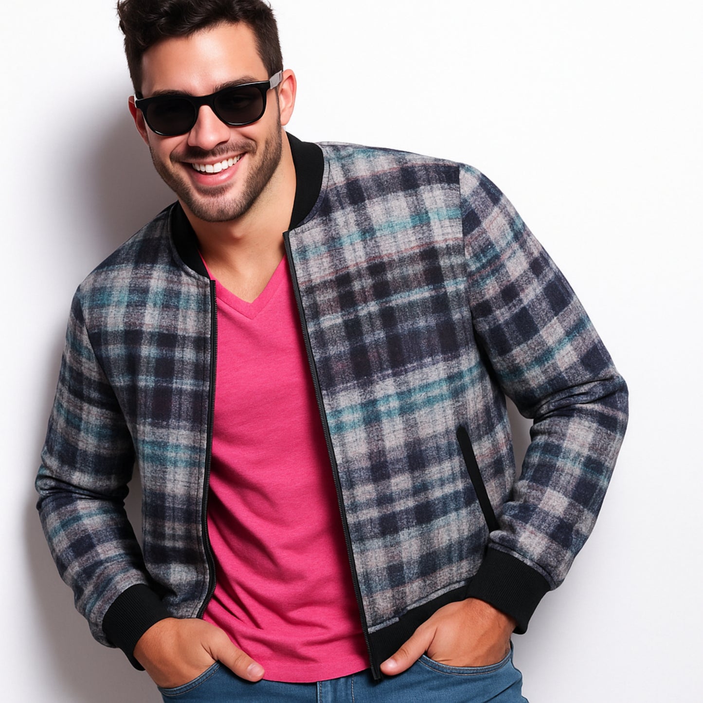 Gunn Modern – green, blue and black modern look tartan Fleece Bomber Jacket