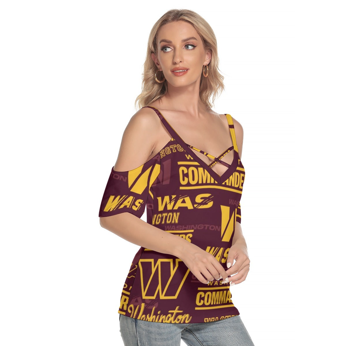 Washington Commanders Women's Cold Shoulder T-shirt With Criss Cross Strips