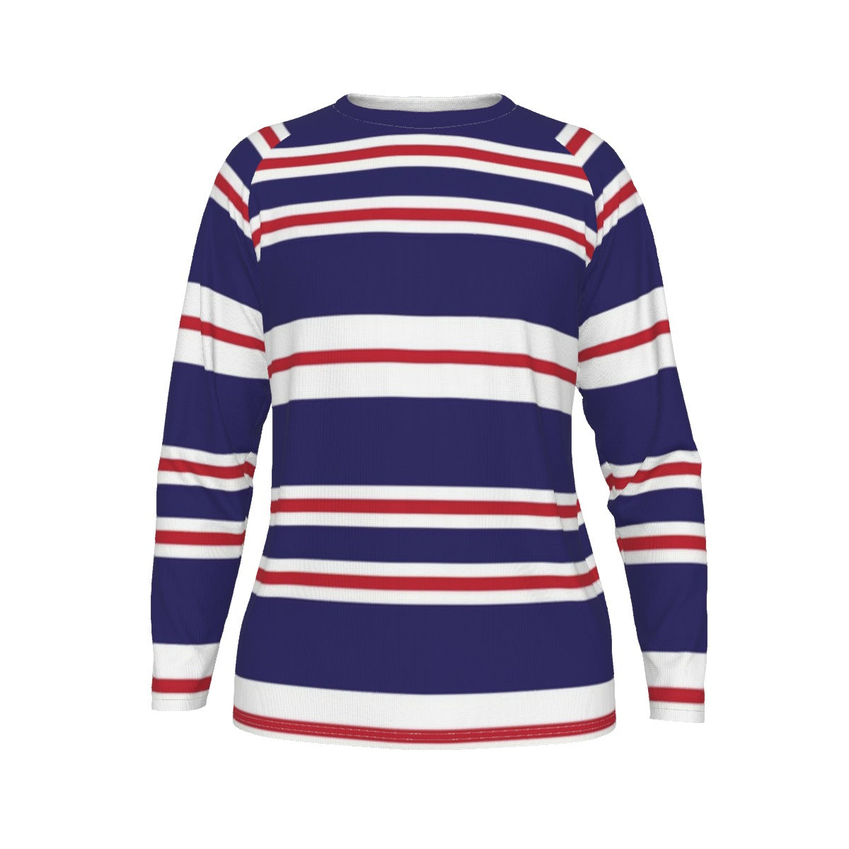 Long-sleeve shirt with blue, red, and white horizontal stripes on a white background