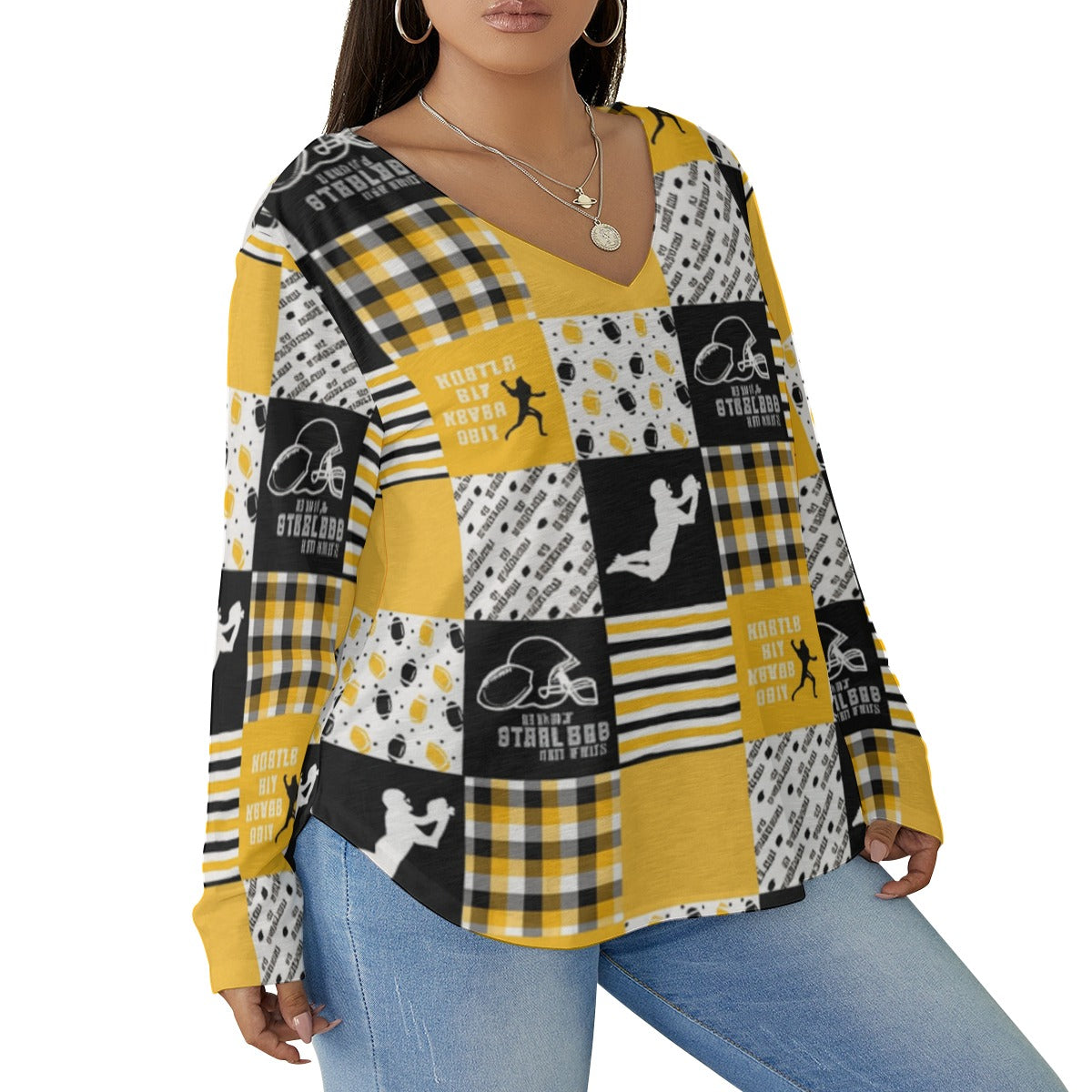 All-Over Print Women's V-neck T-shirt With Curved Hem(Plus Size)