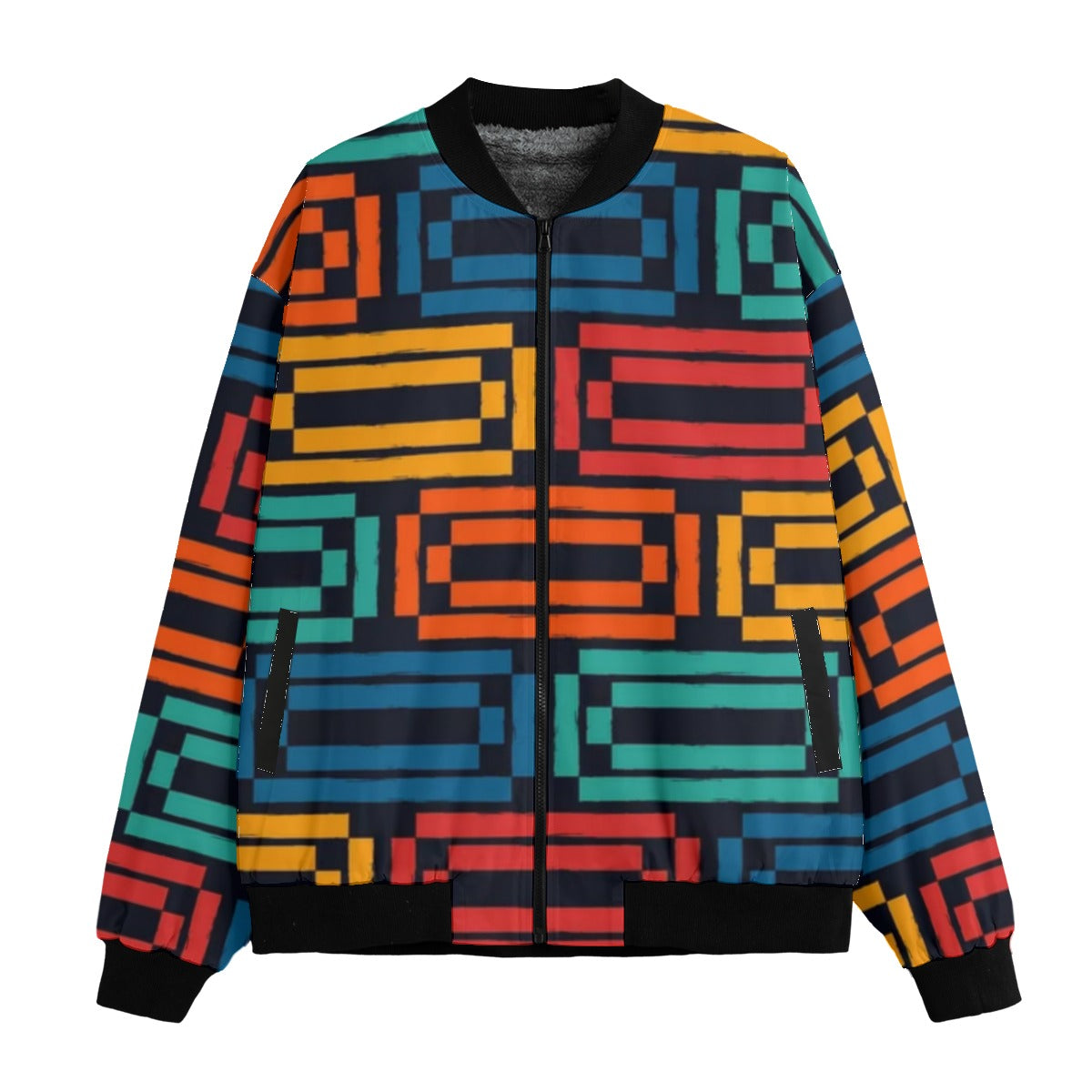 BoomBox Vibes Brick Wall Motif Handdrawn Classic Fleece Bomber Jacket – Graffiti Streetwear