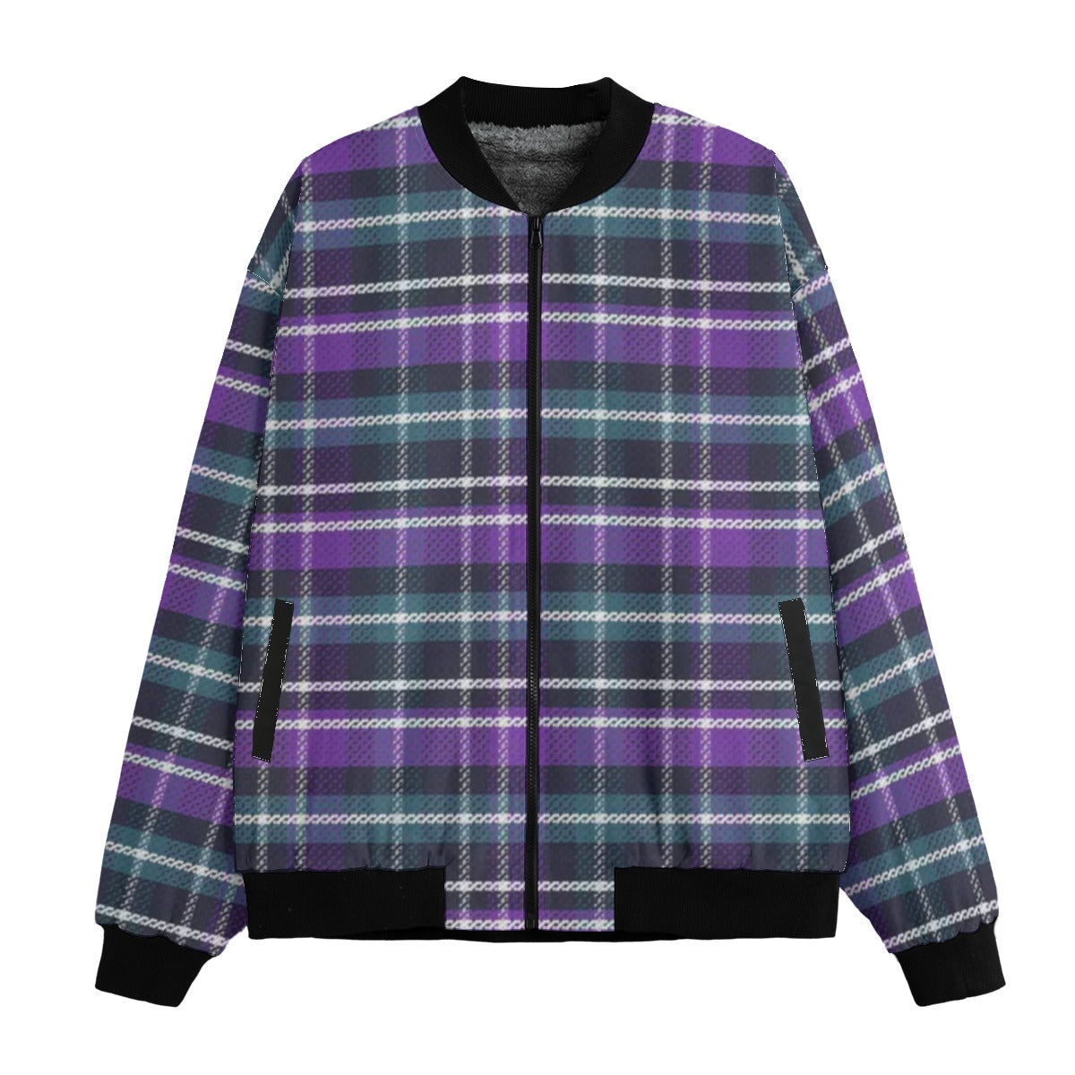 Plaid jacket with purple and green pattern on a white background