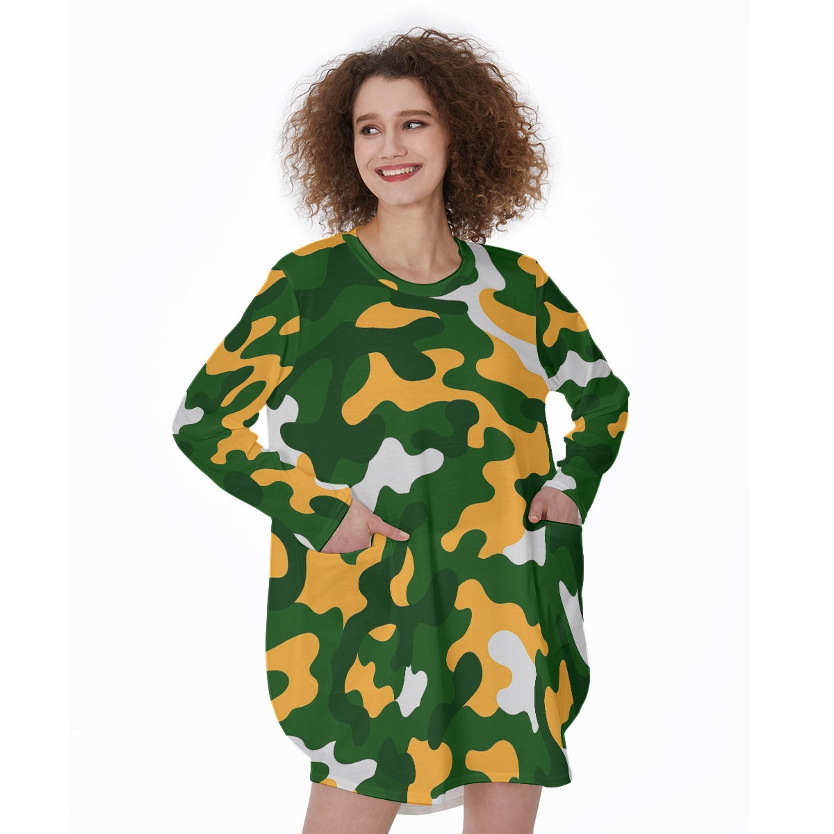 Green Bay Football Game Day All-Over Print Women's Casual Loose Long Sleeve Dress With Pocket