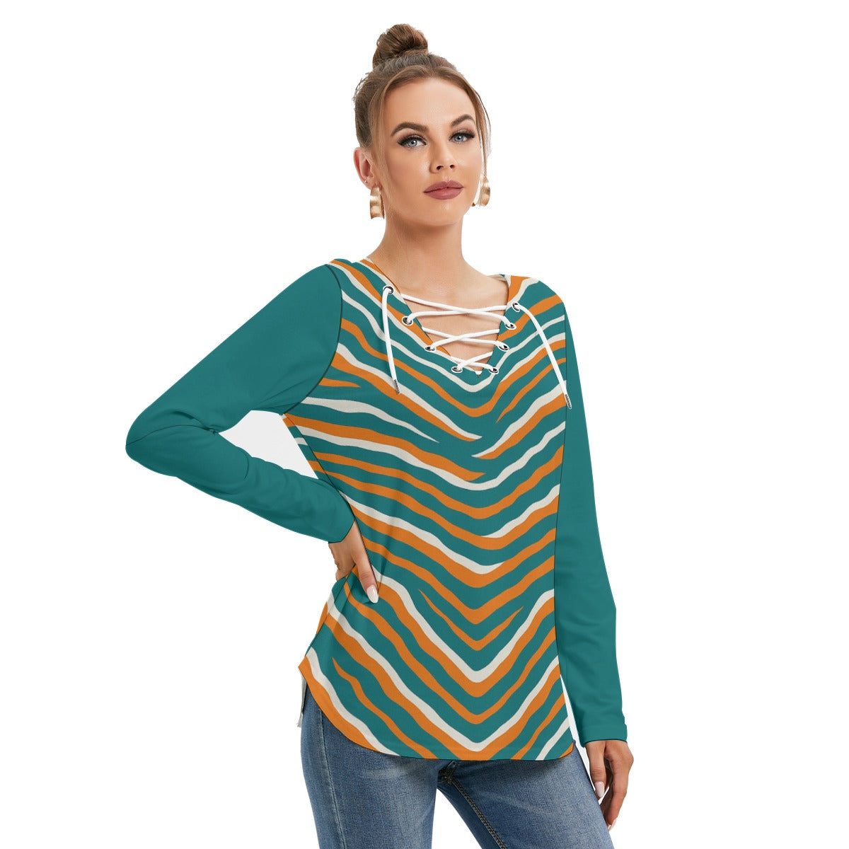Miami Football Game Day All-Over Print Women's Long Sleeve Neckline Tie Sweatshirt
