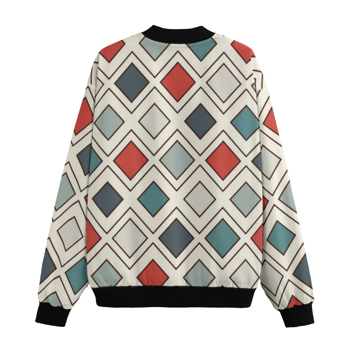 BoomBox Vibes Repeated Diamonds Geometric Fleece Bomber Jacket – Modern Streetwear Style