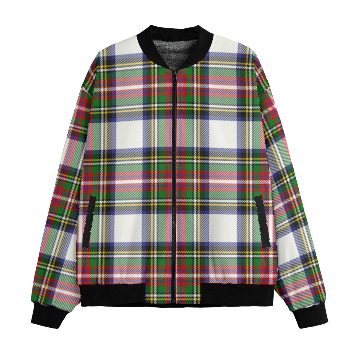 Dress Stewart – open version of Royal Stewart, on a white tartan Fleece Bomber Jacket