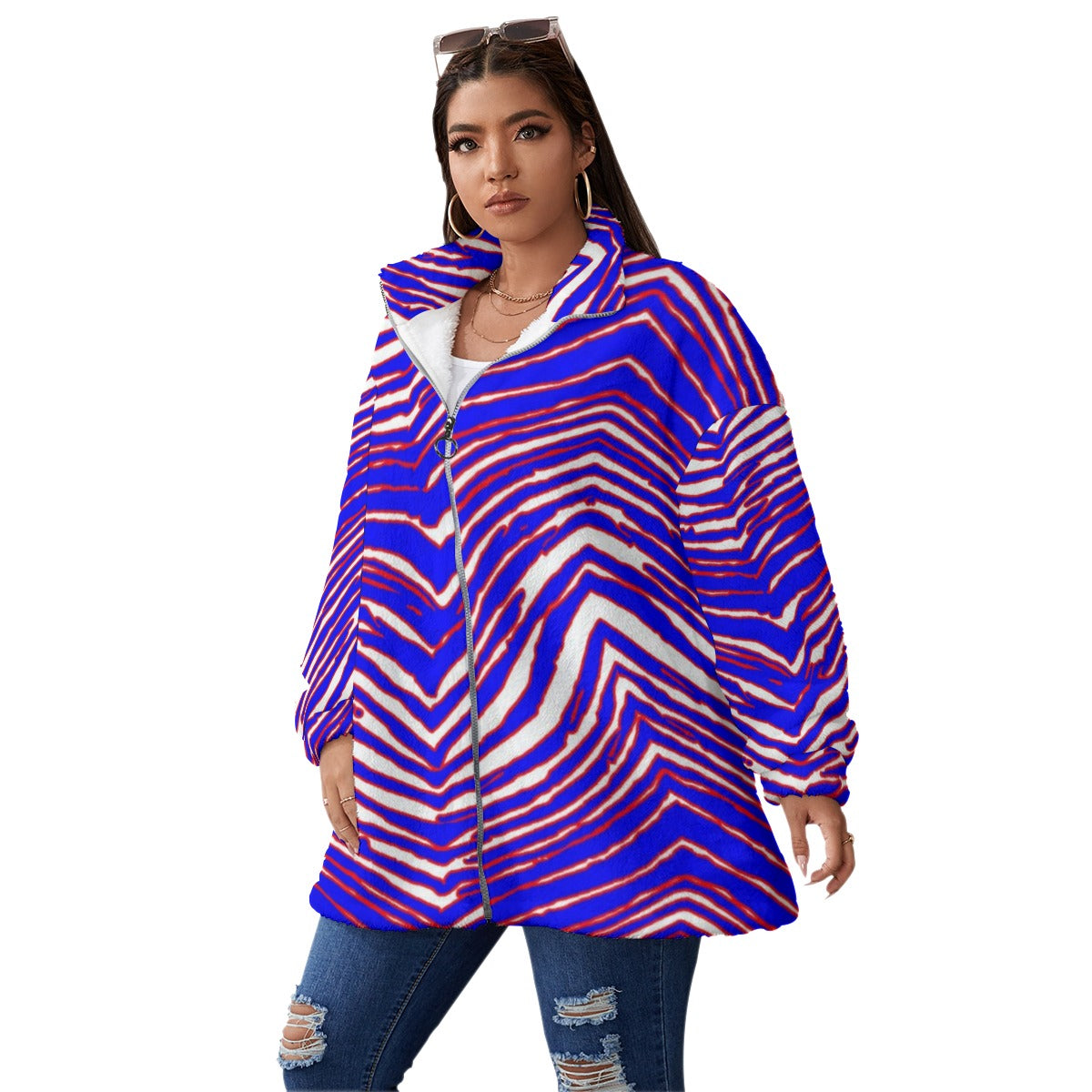 Buffalo Bills Zubaz Unisex Borg Fleece Stand-up Collar Coat With Zipper Closure(Plus Size)