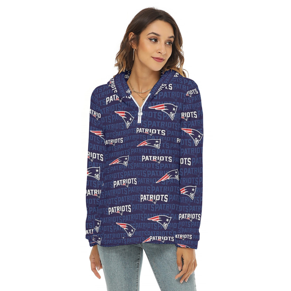 New England Football Game Day All-Over Print Women's Borg Fleece Hoodie With Half Zip