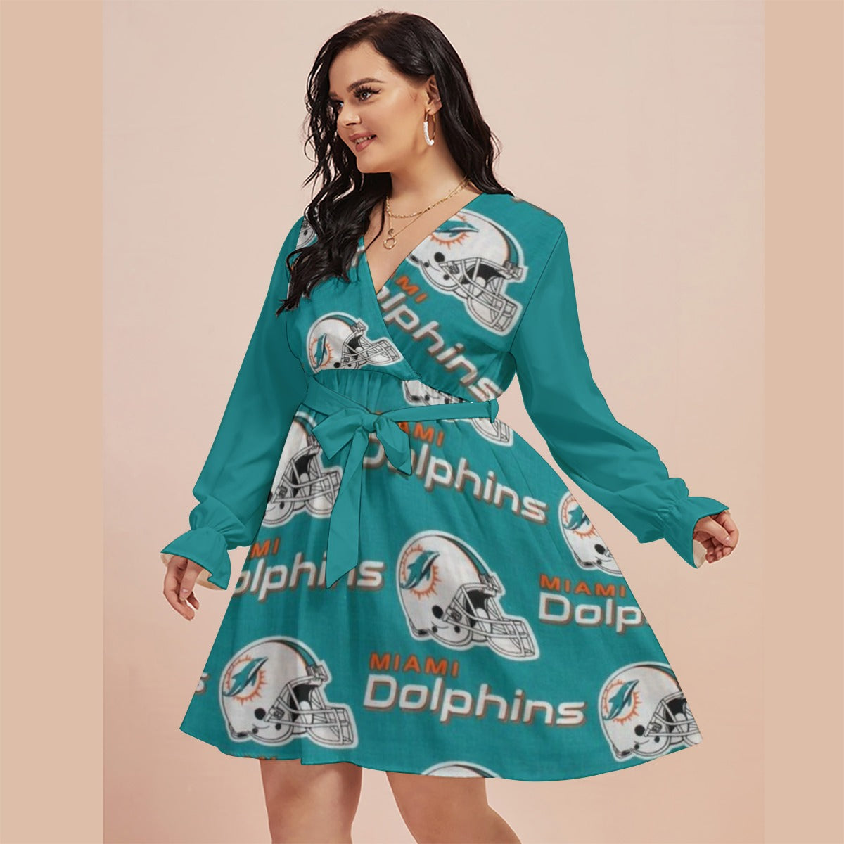 Miami Football Game Day All-Over Print Women's V-neck Dress With Waistband(Plus Size)