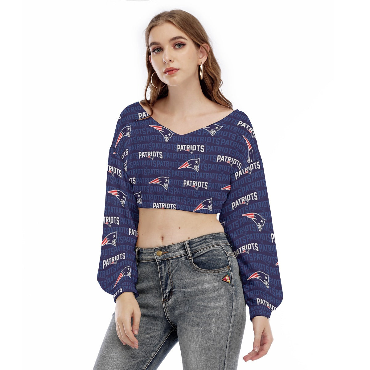 New England Football Game Day All-Over Print Women's V-neck Long Sleeve Cropped Sweatshirt