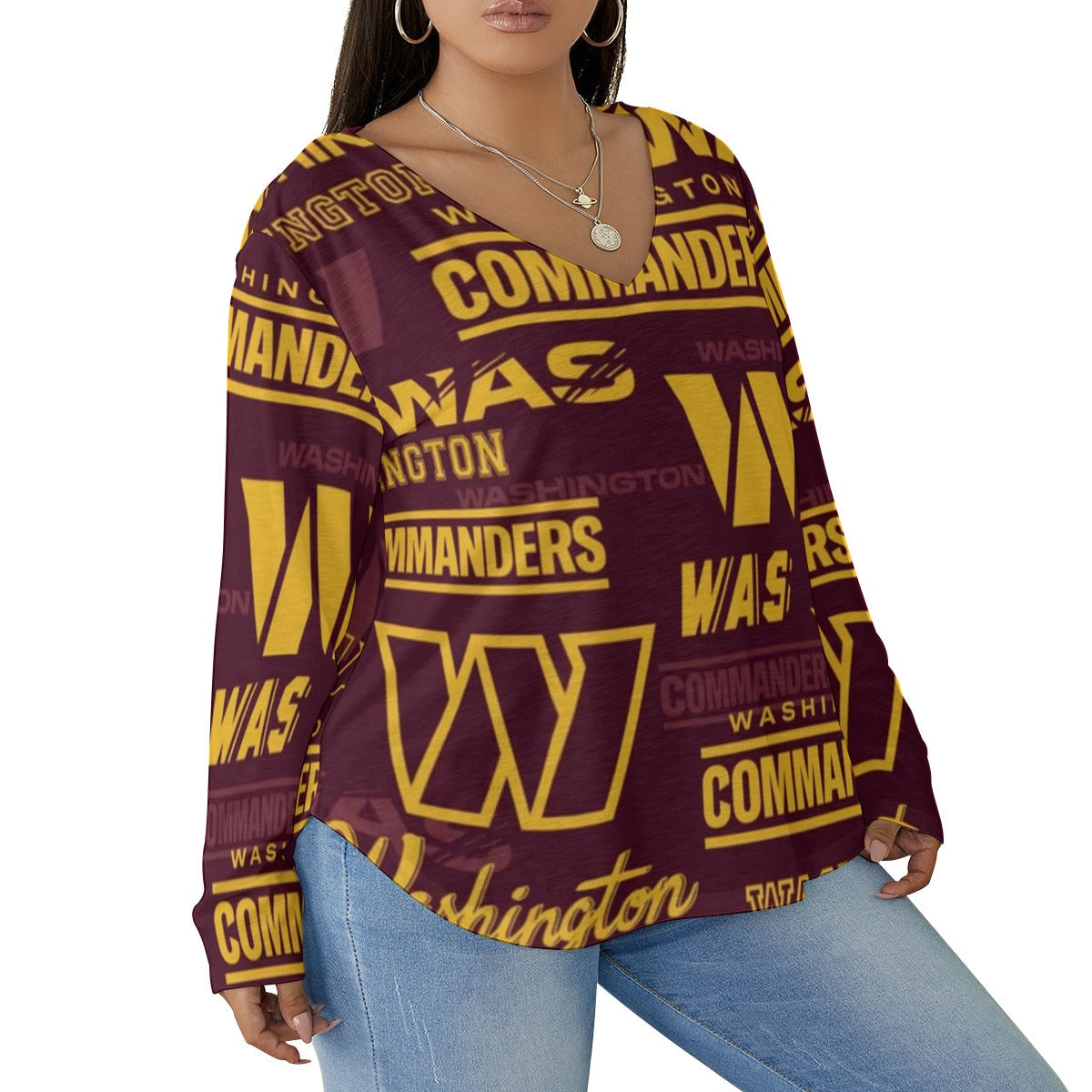 Washington Commanders Women's V-neck T-shirt With Curved Hem(Plus Size)