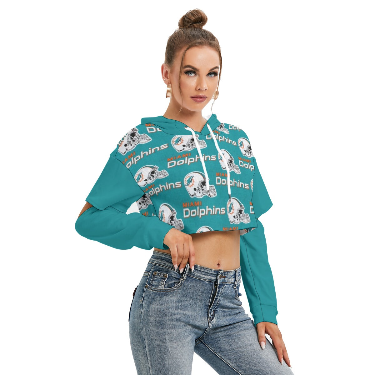 Miami Football Game Day All-Over Print Women's Heavy Fleece Hoodie With Hollow Out Sleeve