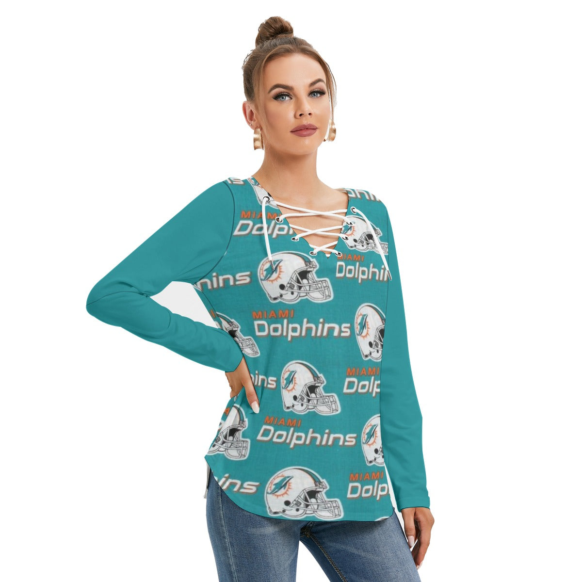 Miami Football Game Day All-Over Print Women's Long Sleeve Neckline Tie Sweatshirt