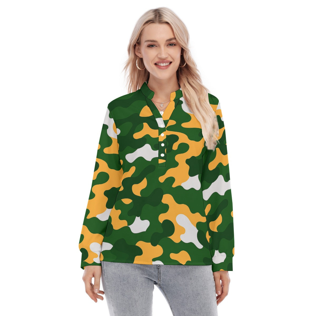 Green Bay Football Game Day All-Over Print Women's Long Sleeve Blouse With Button Closure