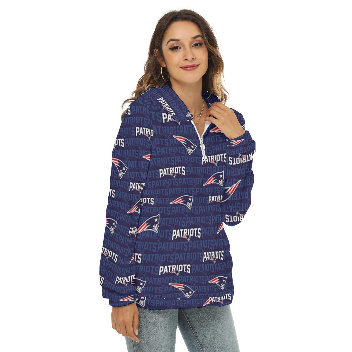 New England Football Game Day All-Over Print Women's Borg Fleece Hoodie With Half Zip