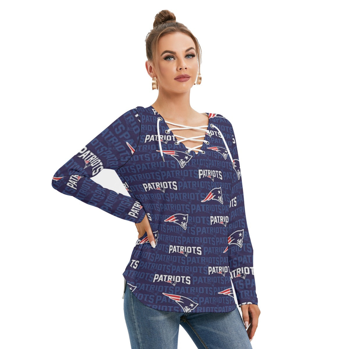 New England Football Game Day All-Over Print Women's Long Sleeve Neckline Tie Sweatshirt