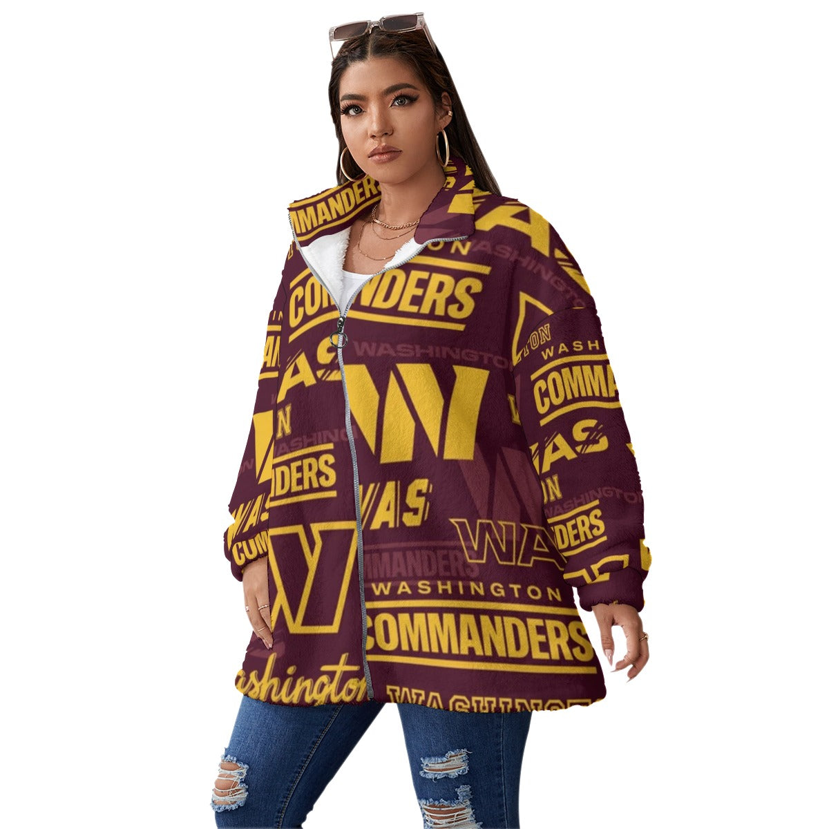 Washington Commanders Unisex Borg Fleece Stand-up Collar Coat With Zipper Closure(Plus Size)