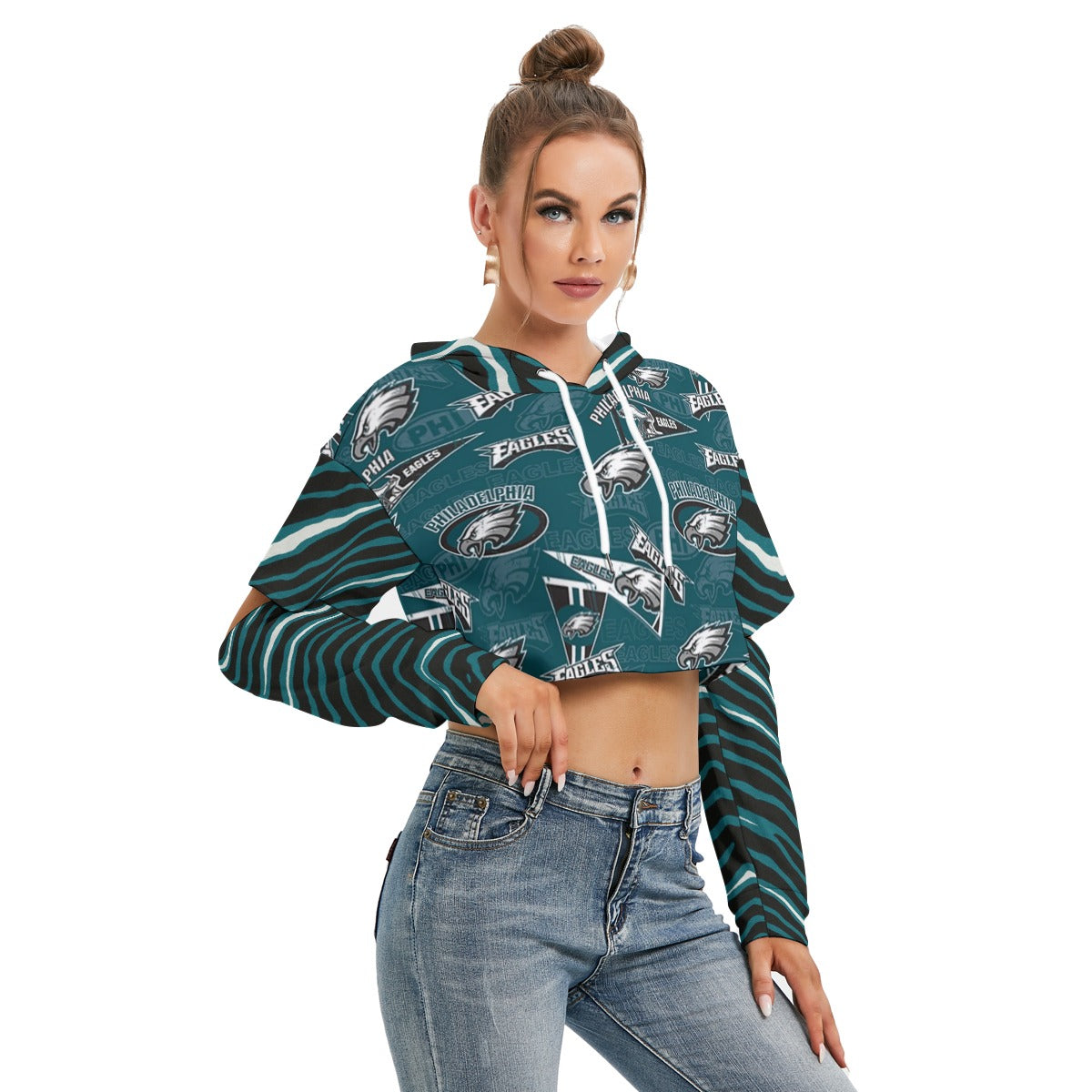Philadelphia Football Game Day All-Over Print Women's Heavy Fleece Hoodie With Hollow Out Sleeve