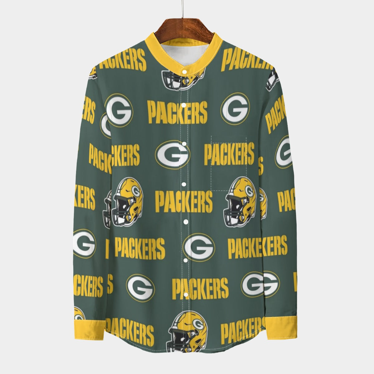 Green Bay Football Game Day All-Over Print Men's Stand Collar Shirt With Long Sleeve|110GSM Imitation Flax