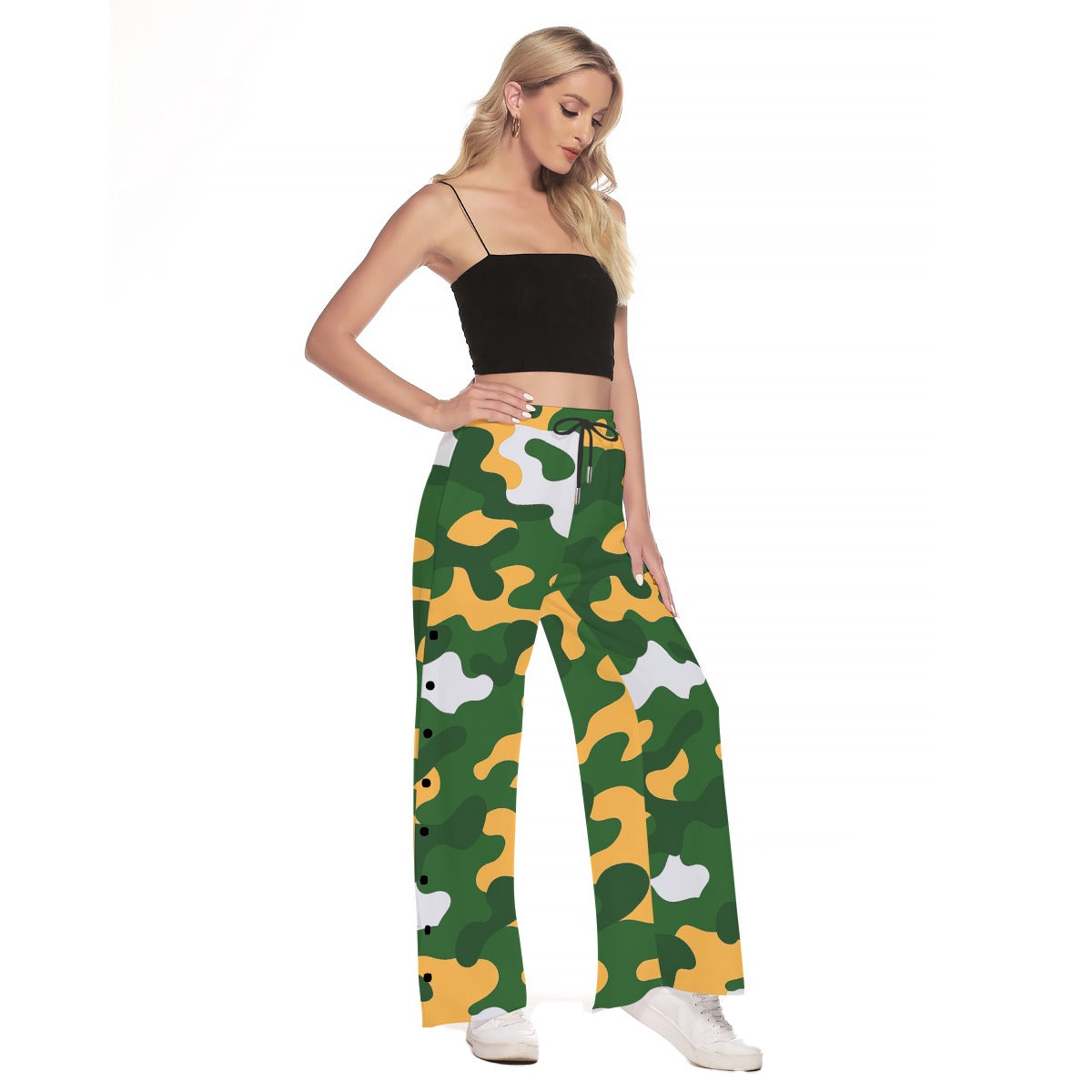 Green Bay Football Game Day All-Over Print Women's Side Slit Snap Button Trousers