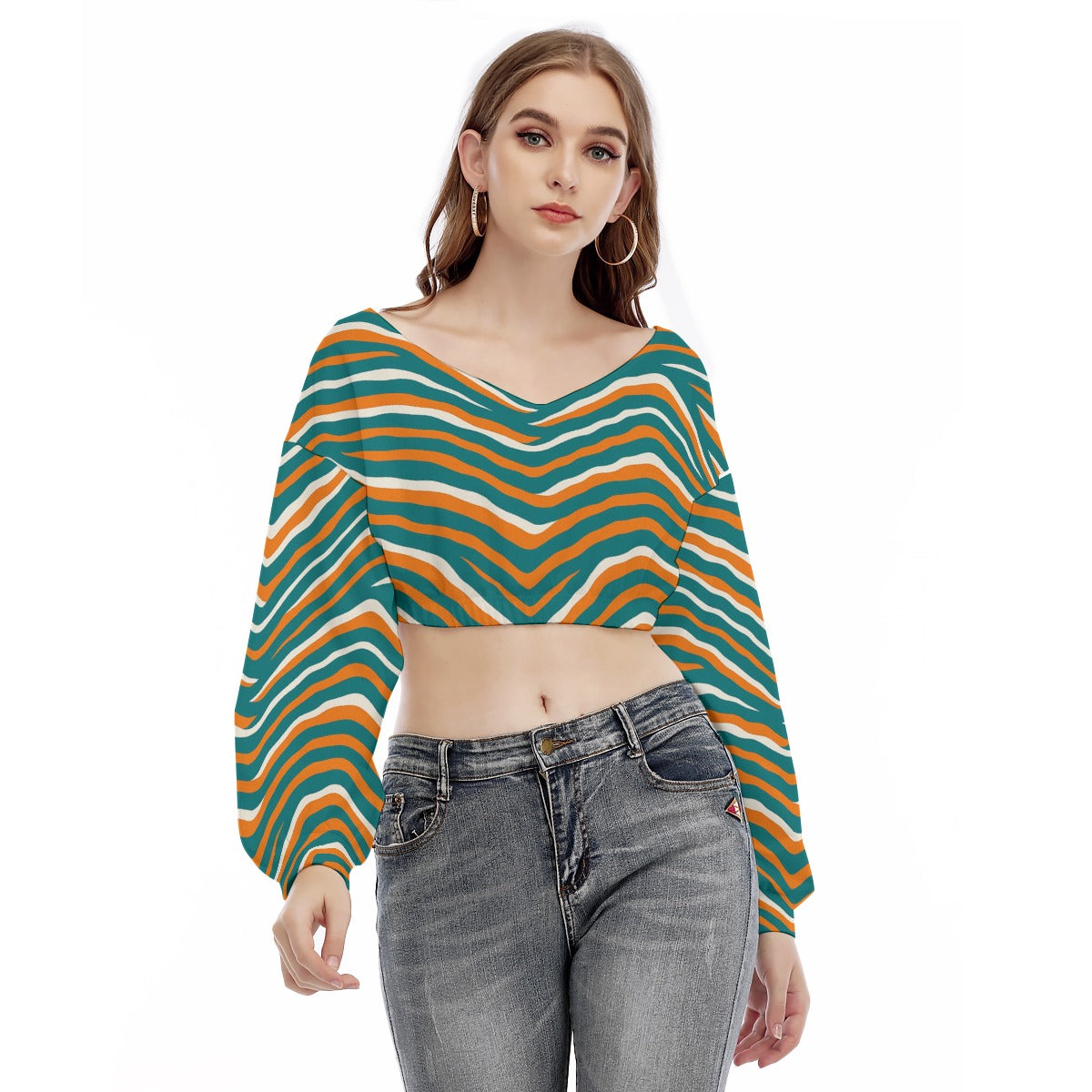 Miami Football Game Day All-Over Print Women's V-neck Long Sleeve Cropped Sweatshirt