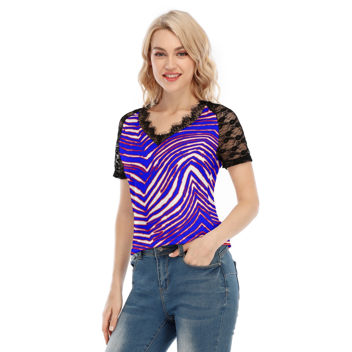 Buffalo Bills Zubaz Women's V-neck T-shirt With Lace