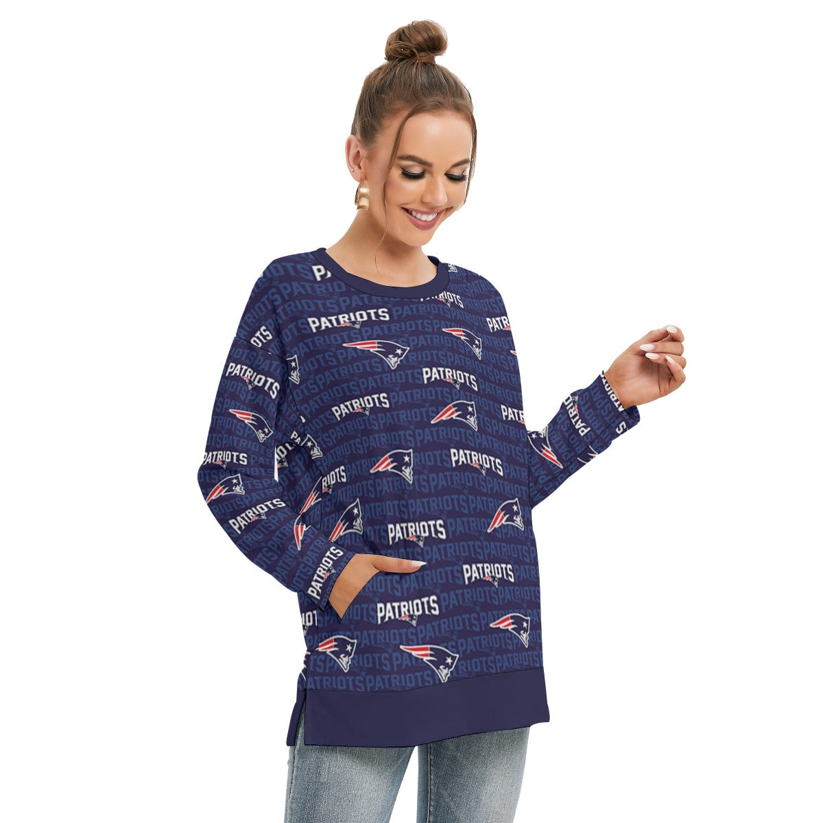 New England Football Game Day All-Over Print Women's Side Split O-neck Sweatshirt