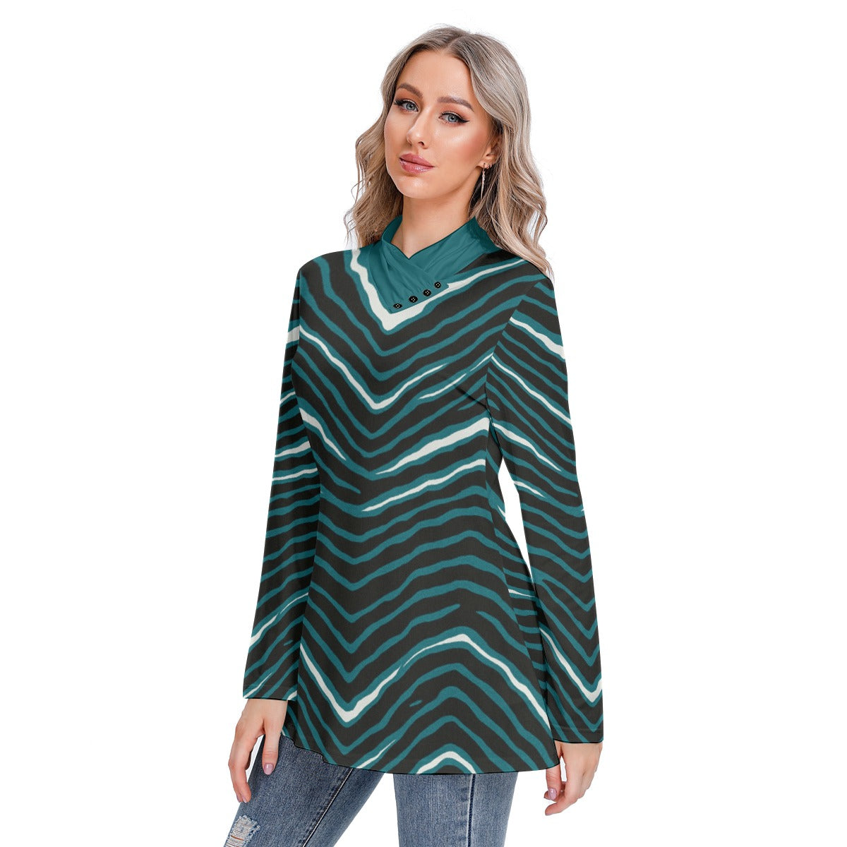 Philadelphia Football Game Day All-Over Print Women's Long-sleeved Heap-neck Slim Casual Tunic Blouse