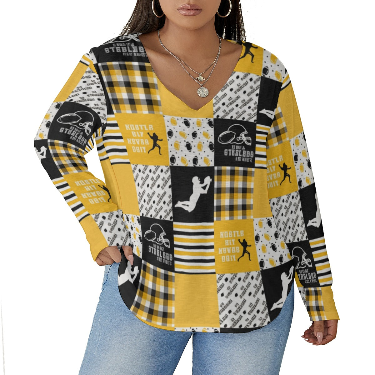 All-Over Print Women's V-neck T-shirt With Curved Hem(Plus Size)