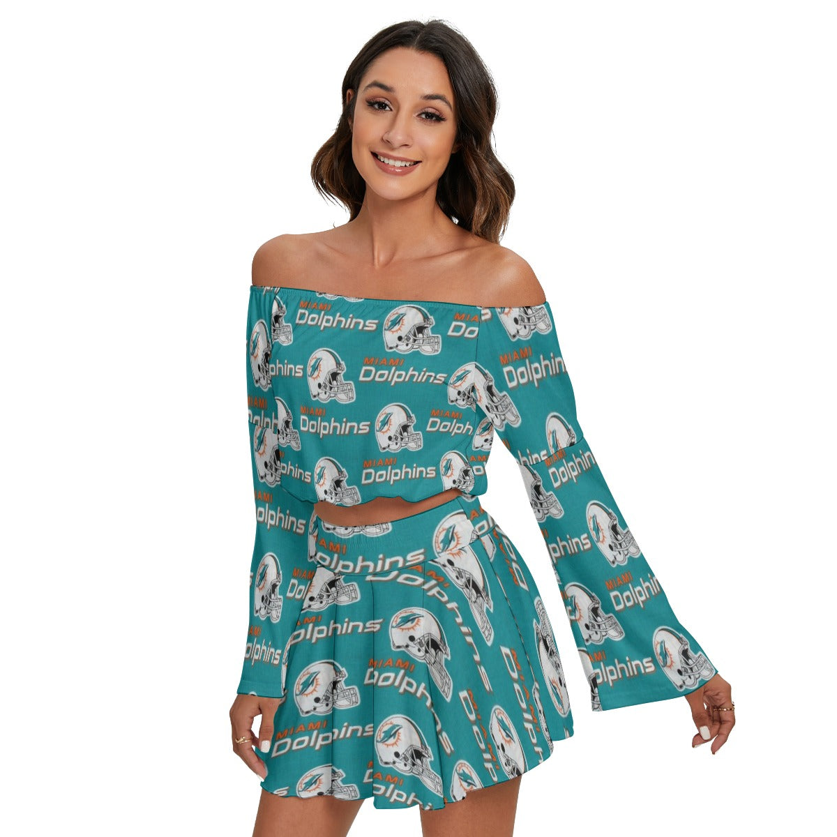 Miami Football Game Day All-Over Print Women's Off-shoulder Top And Skirt Set