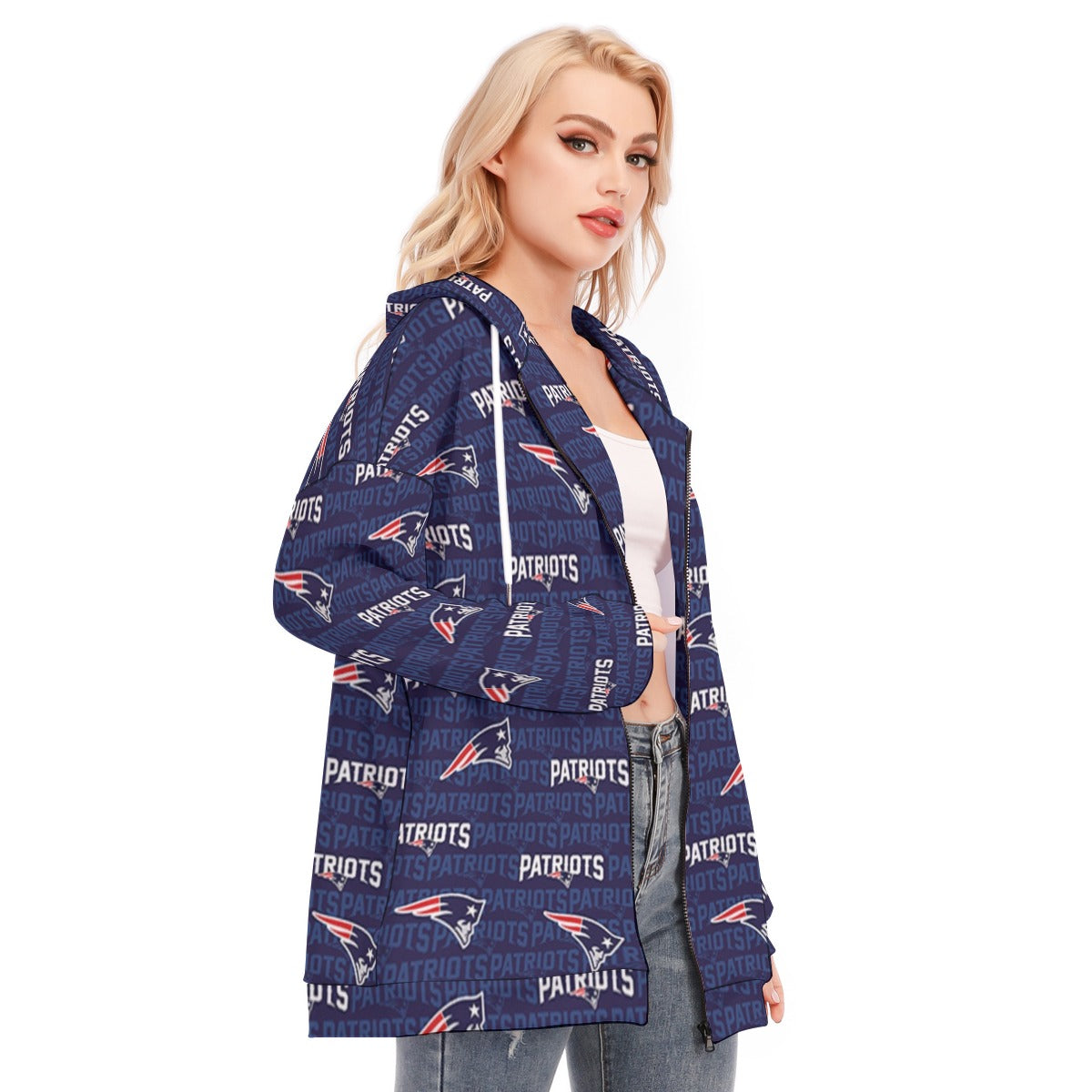 New England Football Game Day All-Over Print Women's Long Hoodie With Zipper Closure