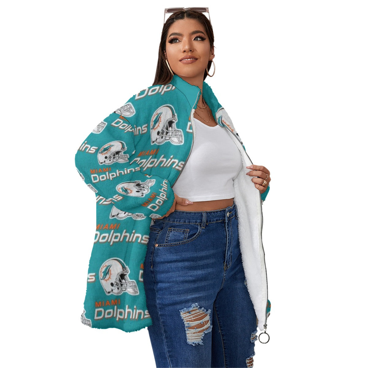 Miami Football Game Day All-Over Print Unisex Borg Fleece Stand-up Collar Coat With Zipper Closure(Plus Size)