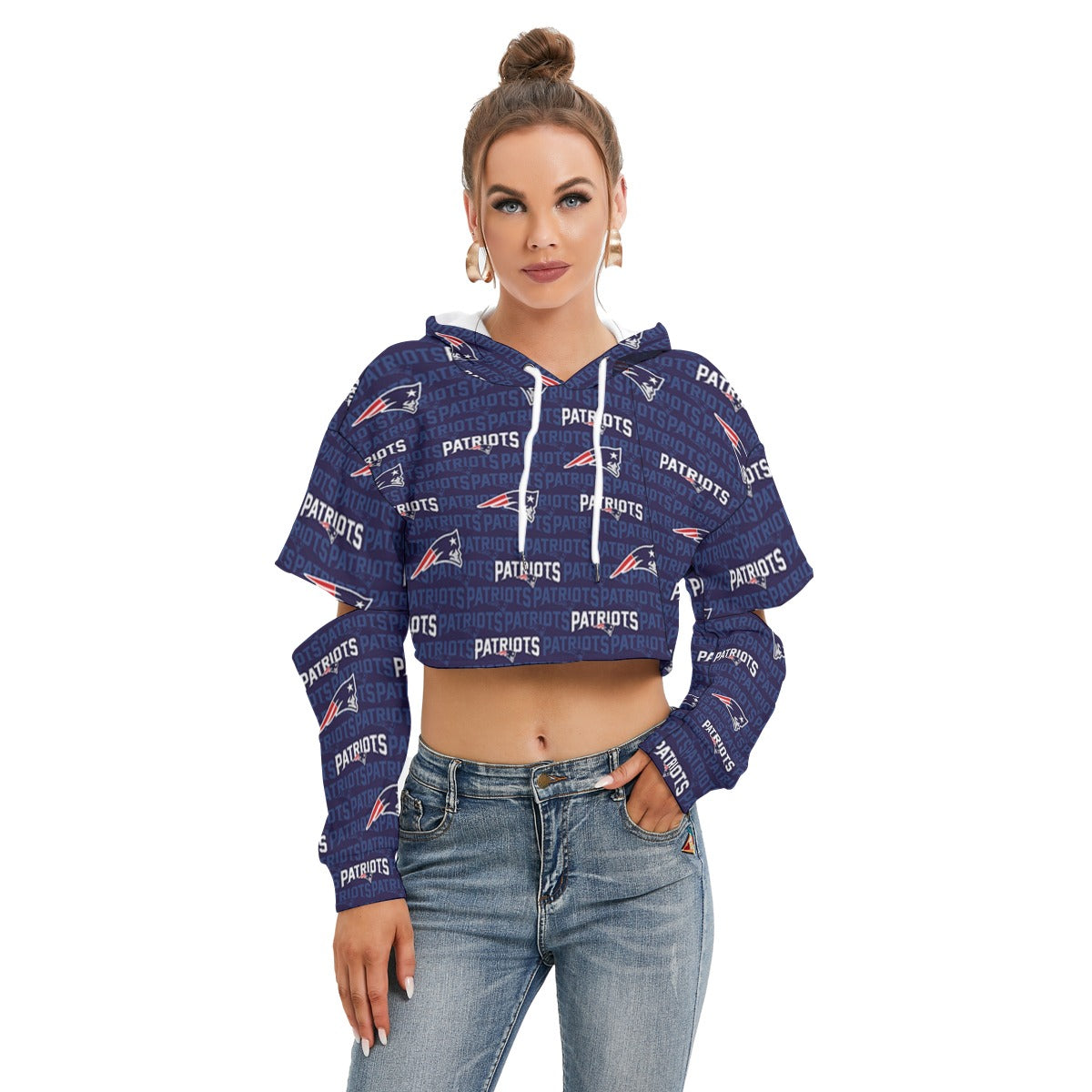 New England Football Game Day All-Over Print Women's Heavy Fleece Hoodie With Hollow Out Sleeve