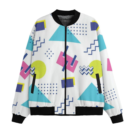 Urban Legend 90s Style – Geometric Shapes Fleece Bomber Jacket