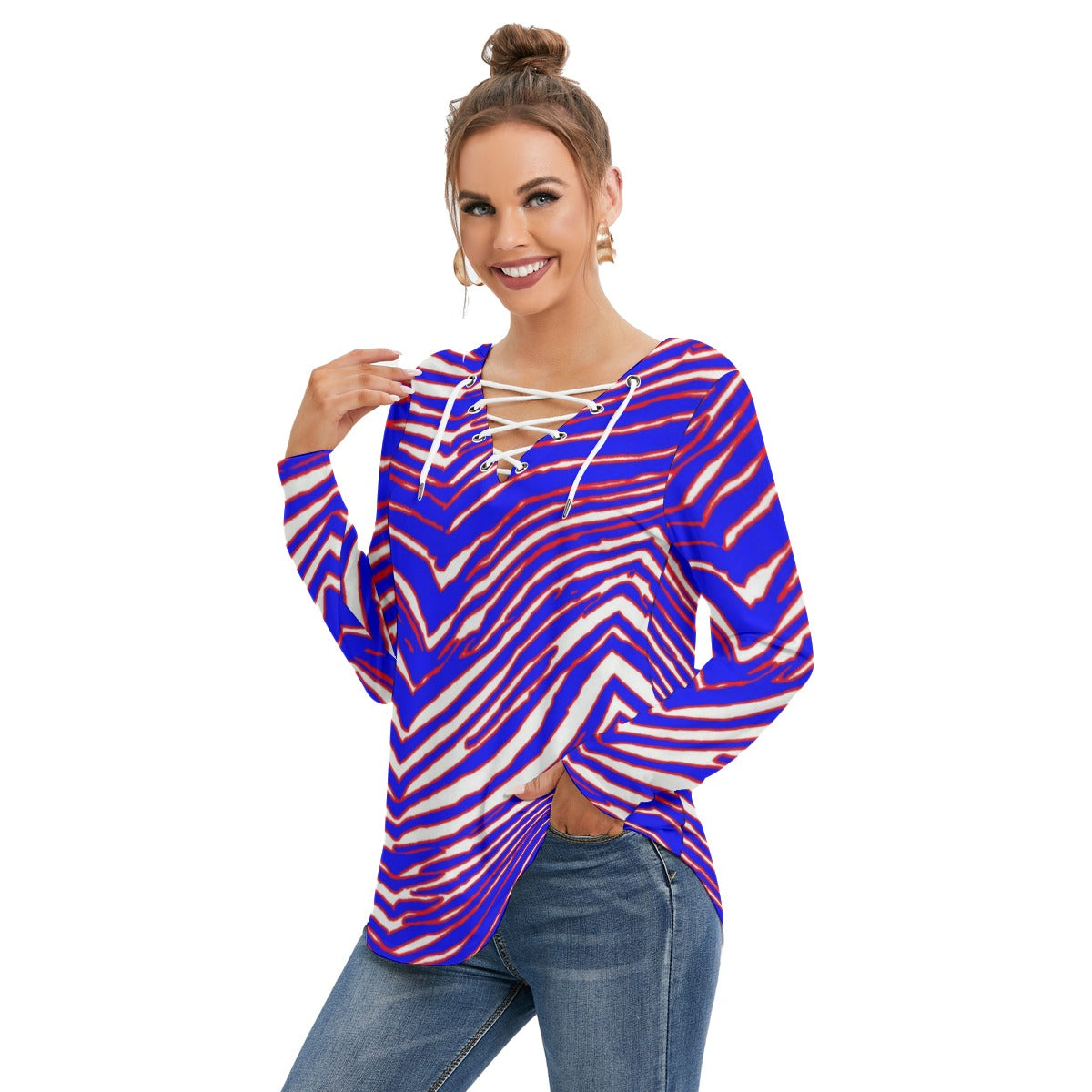 Buffalo Bills Zubaz Women's Long Sleeve Neckline Tie Sweatshirt