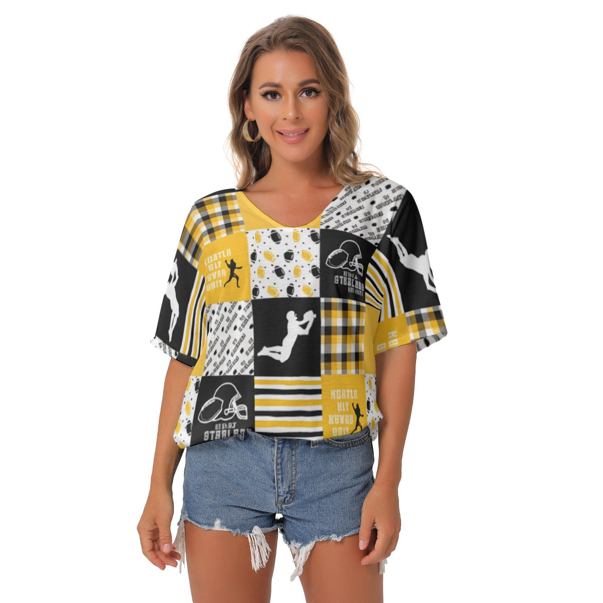 All-Over Print Women's Bat Sleeves V-Neck Blouse