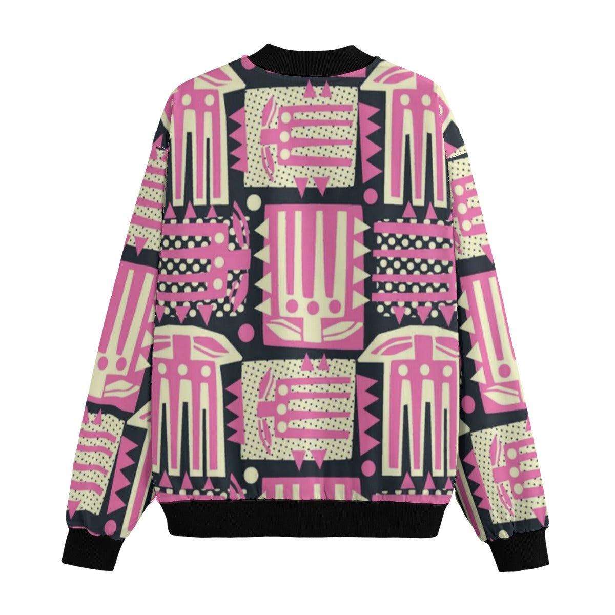 BoomBox Vibes Abstract Pink Flowers Seamless Fleece Bomber Jacket – Artistic Urban Streetwear
