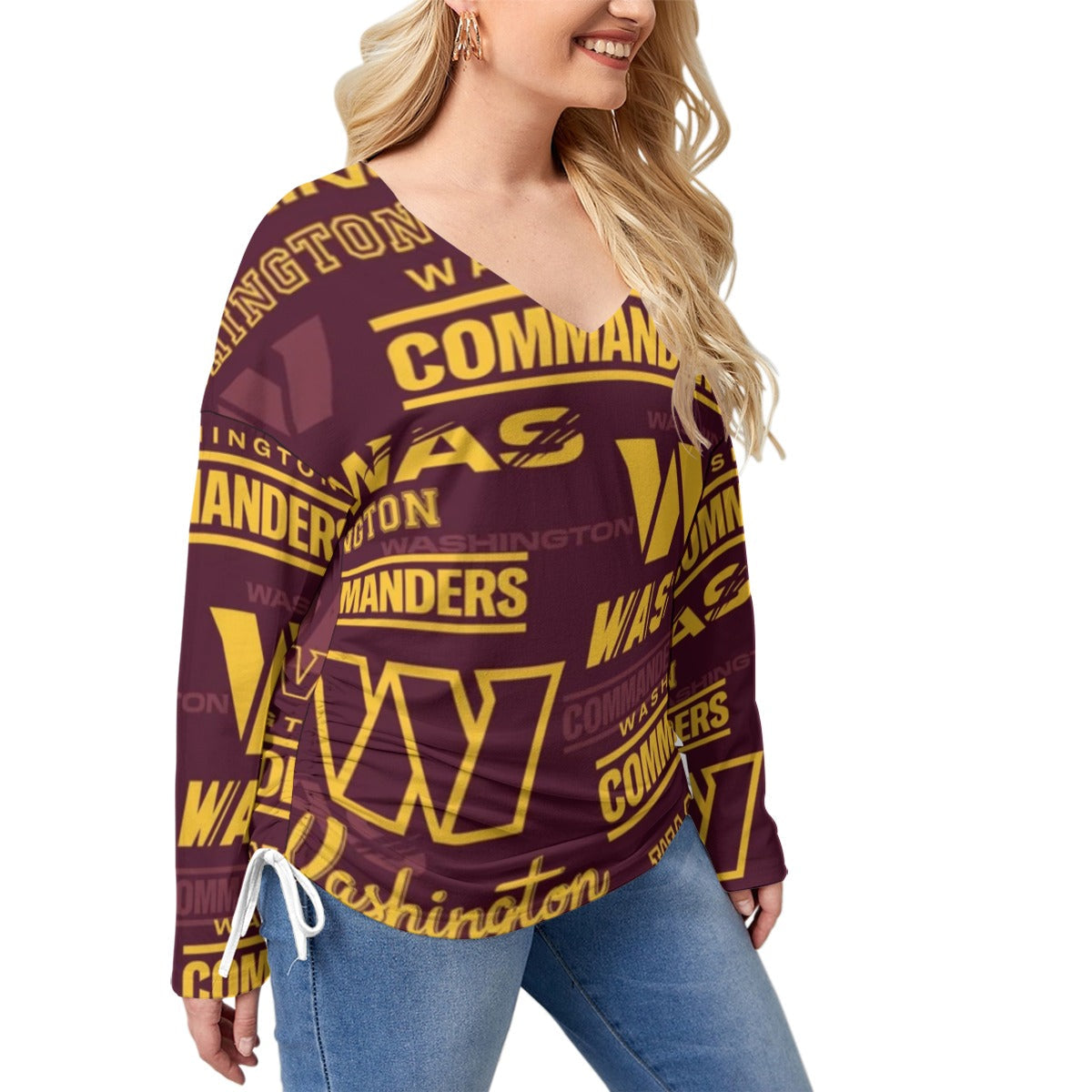 Washington Commanders Women’s V-neck T-shirt With Side Drawstring(Plus Size)