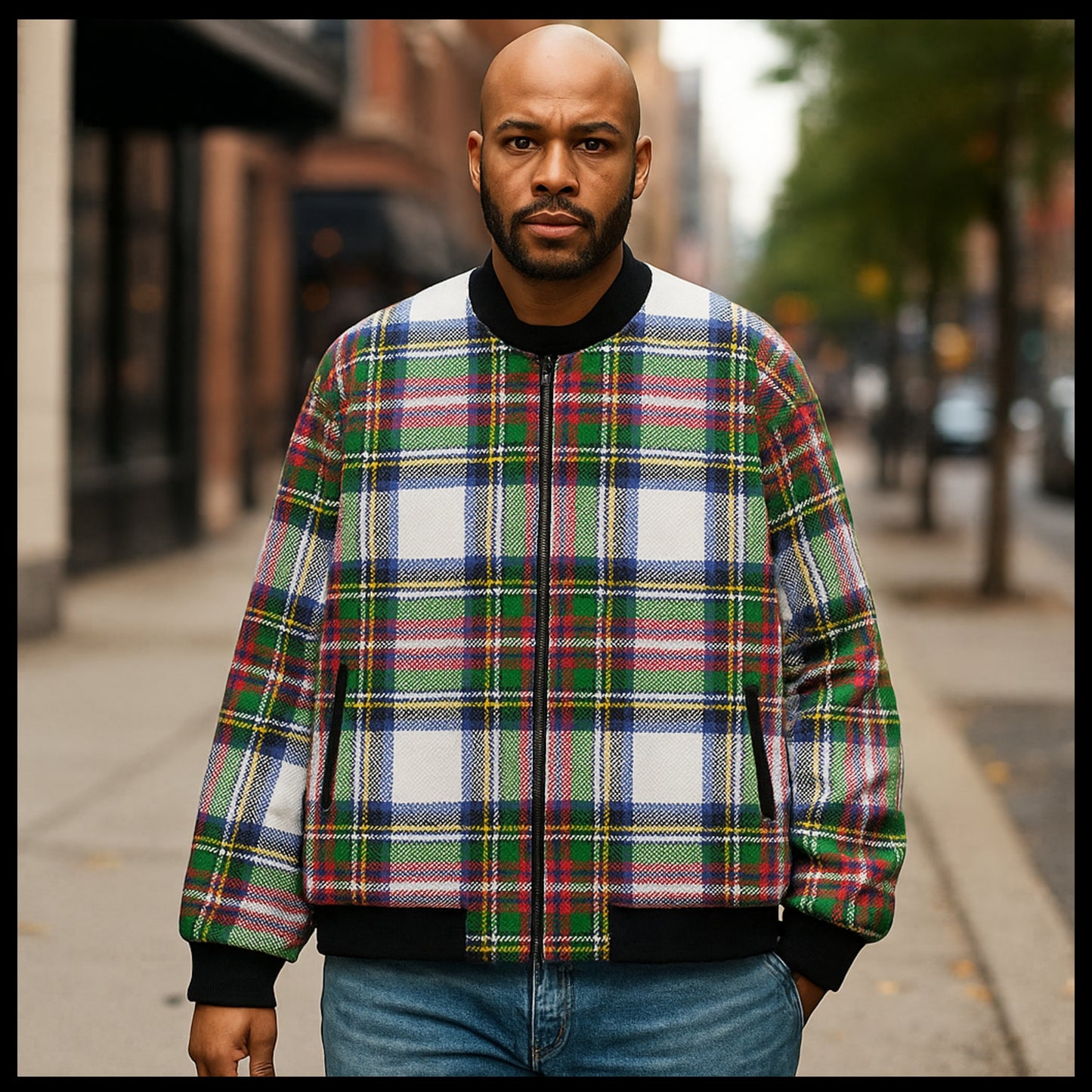 Man wearing a plaid jacket on a city street
