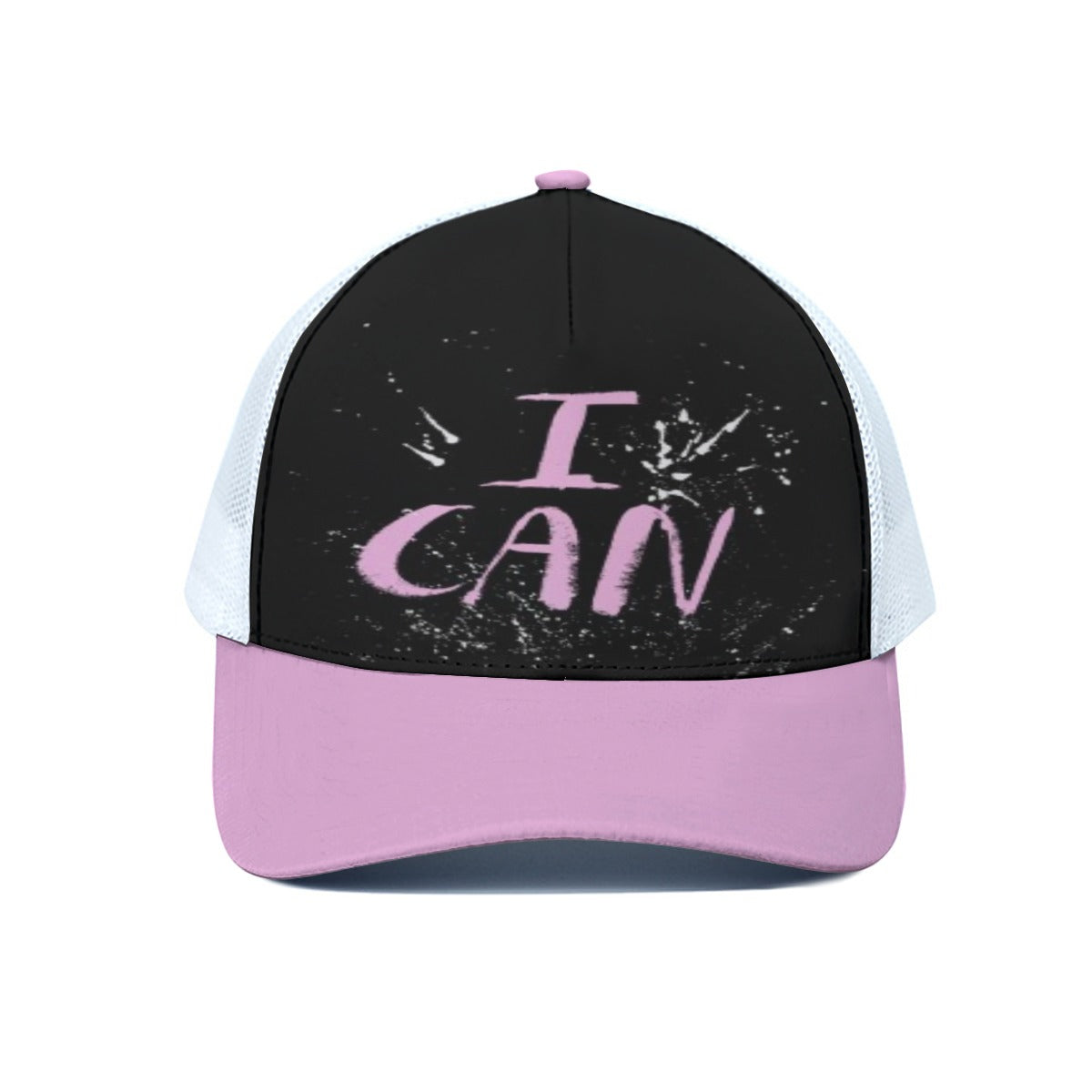 Black and pink cap with 'I CAN' text on a white background