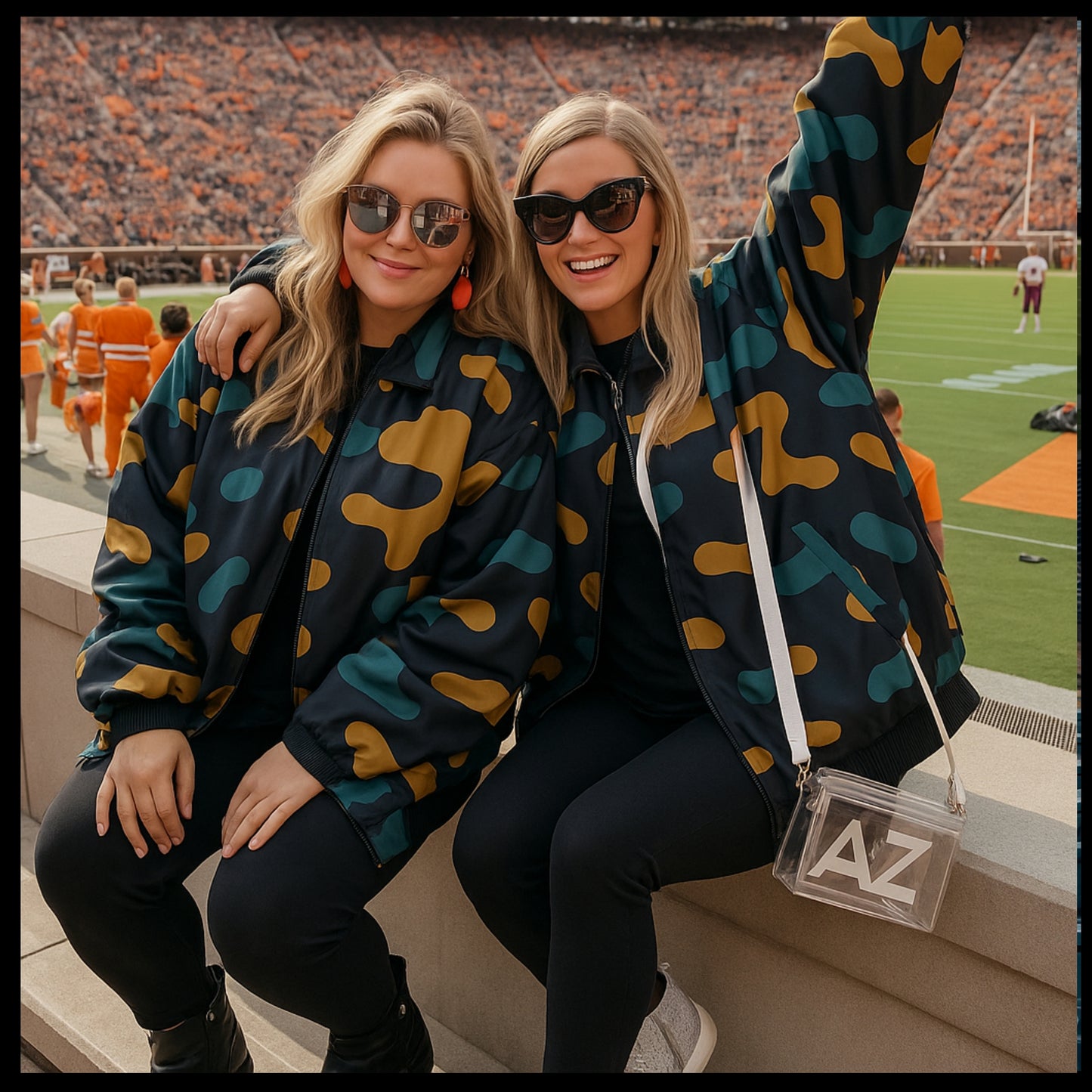 Two women in matching patterned jackets sitting on a stadium bench with a football game in the background.