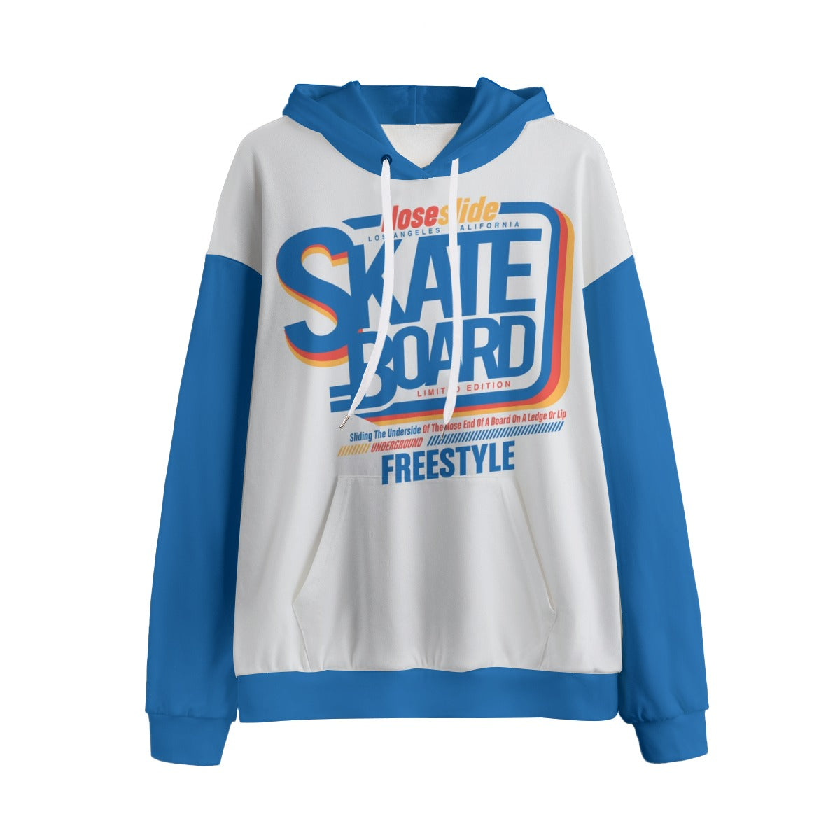 White and blue hoodie with colorful 'Skateboard Freestyle' text on a white background