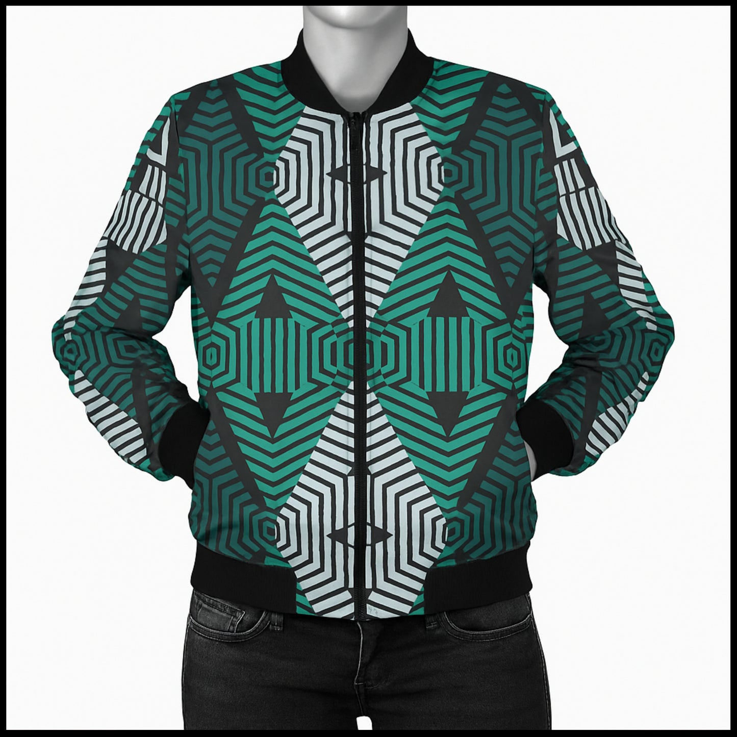 BoomBox Vibes Green White Boho Lace Fleece Bomber Jacket – Ethnic Seamless Streetwear