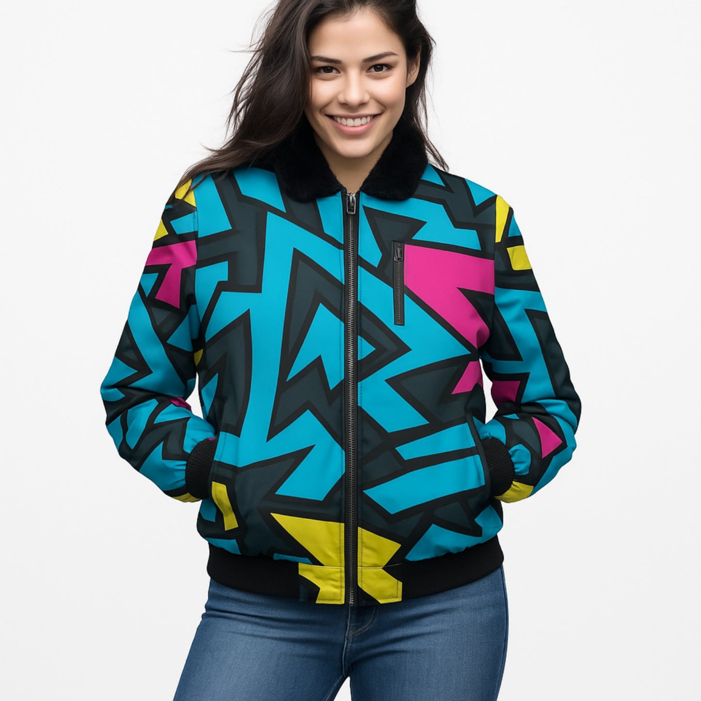 Beautiful Abstract Graffiti Seamless Fleece Bomber Jacket – Artistic Urban Streetwear