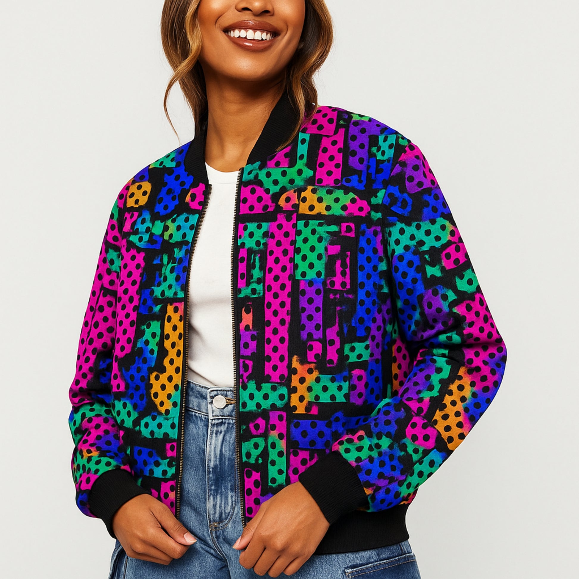 Person wearing a colorful patterned jacket on a plain background