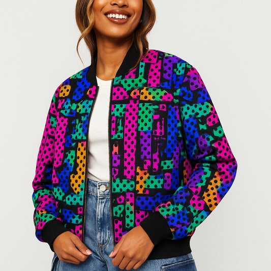 Person wearing a colorful patterned jacket on a plain background