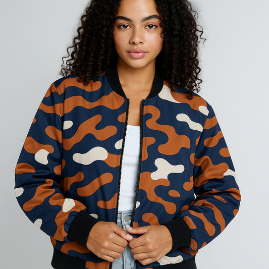 Person wearing a camouflage-patterned bomber jacket on a plain background