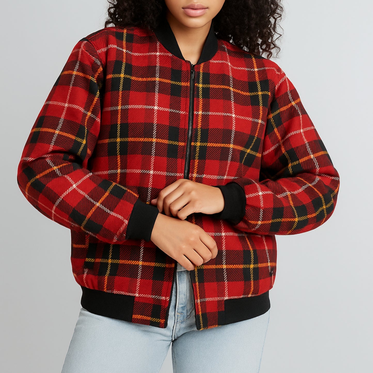 MacPherson – deep red with black and subtle yellow tartan Fleece Bomber Jacket